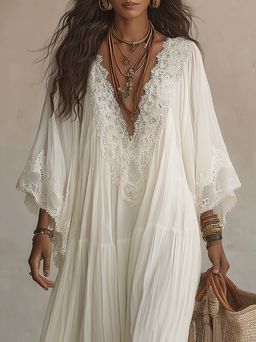 Robe longue bohème femme en chiffon ivoire avec dentelle
