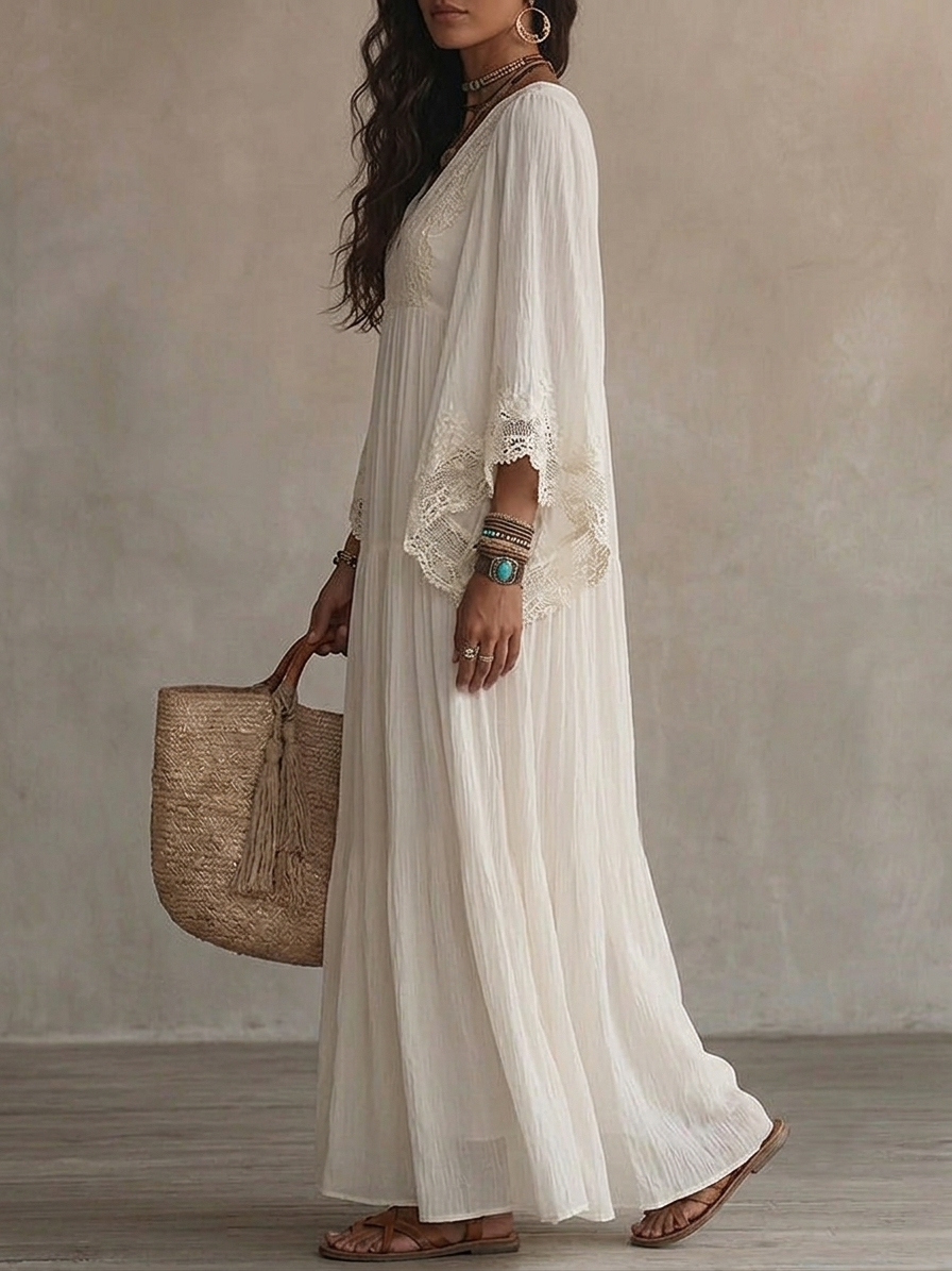 Robe longue bohème femme en chiffon ivoire avec dentelle