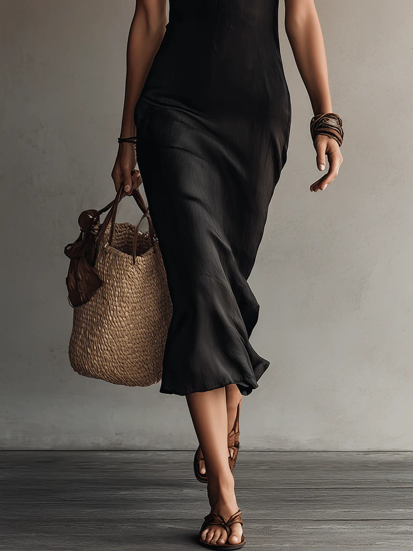Robe midi noire femme avec dentelle et décolleté en V