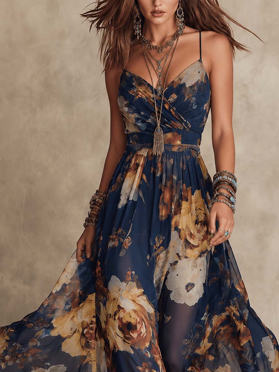 Deloria | Robe élégante à bretelles avec un motif floral romantique