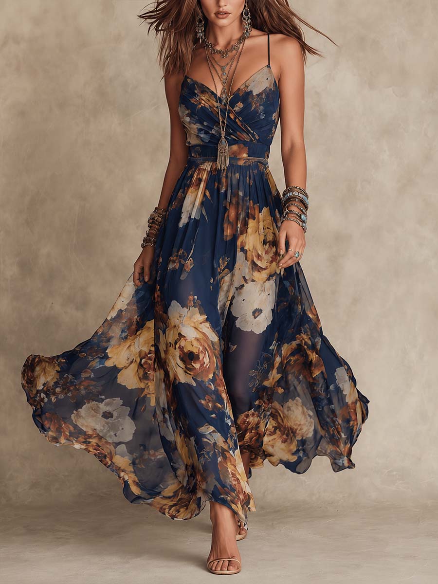Deloria | Robe élégante à bretelles avec un motif floral romantique
