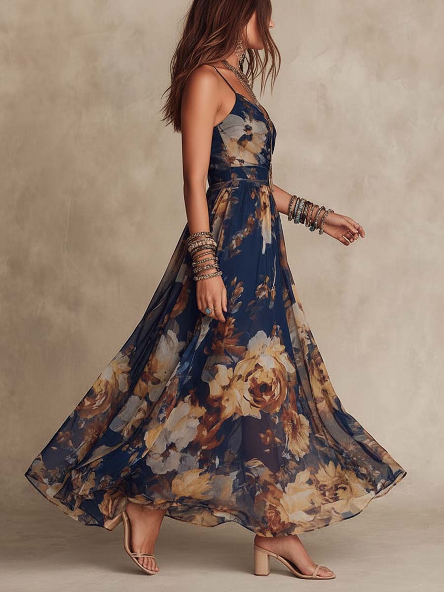 Deloria | Robe élégante à bretelles avec un motif floral romantique