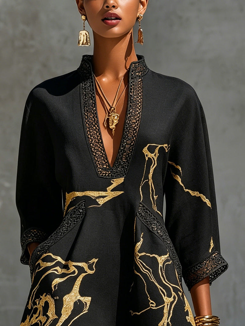 Mini robe femme noire à imprimé marbre doré et dentelle