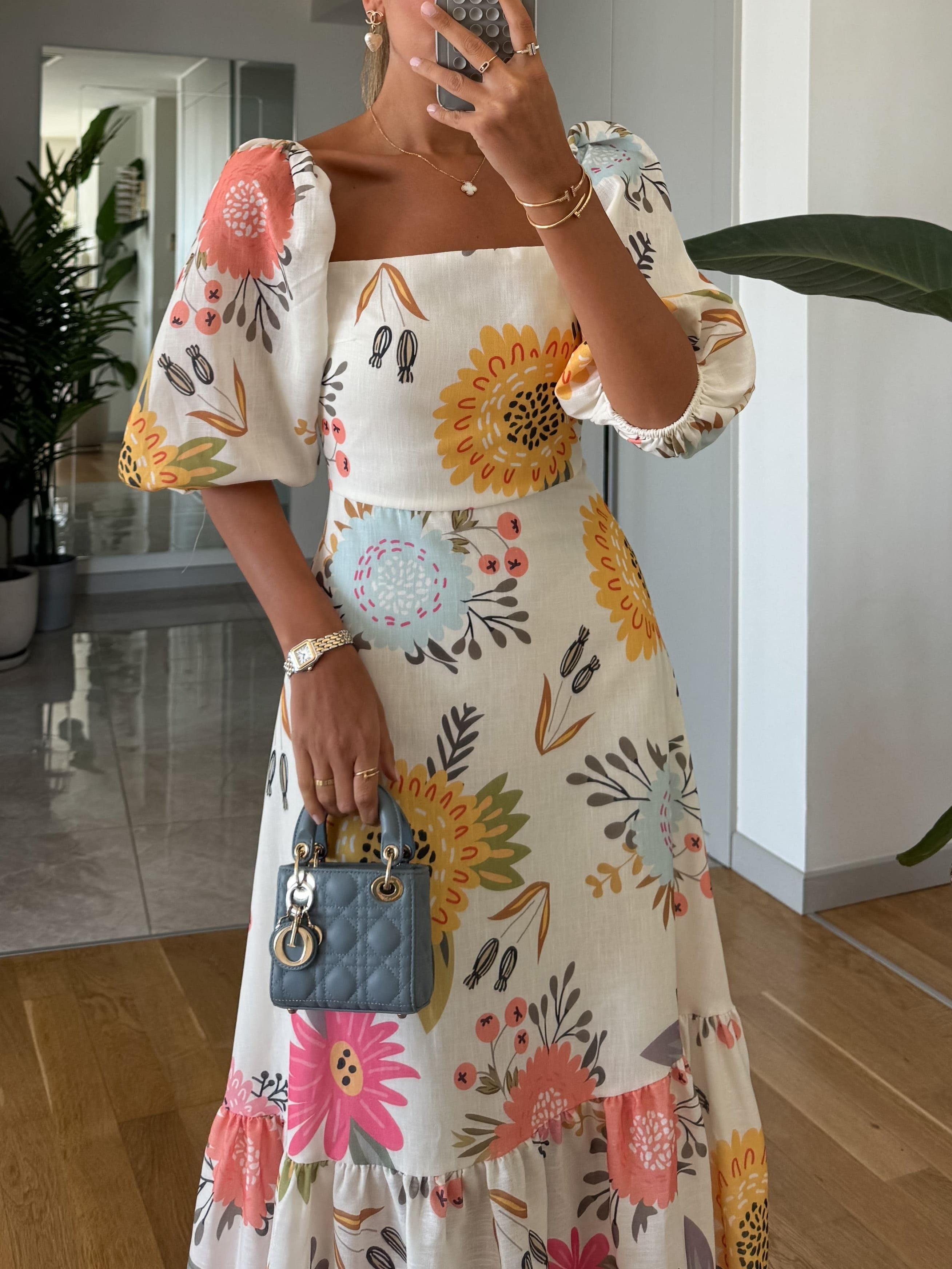 Camille | Robe maxi à fleurs pour femmes avec manches bouffantes