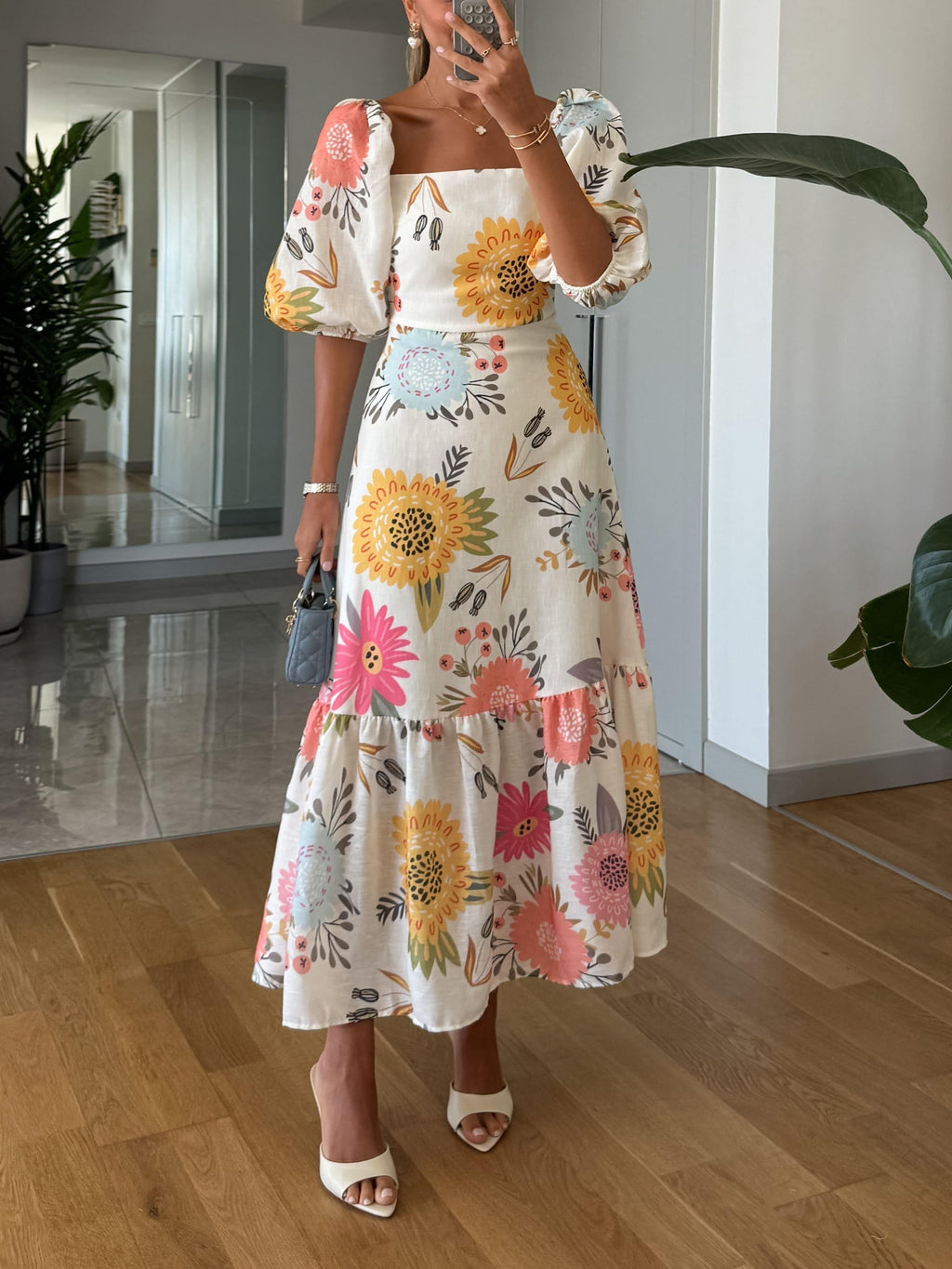 Camille | Robe maxi à fleurs pour femmes avec manches bouffantes