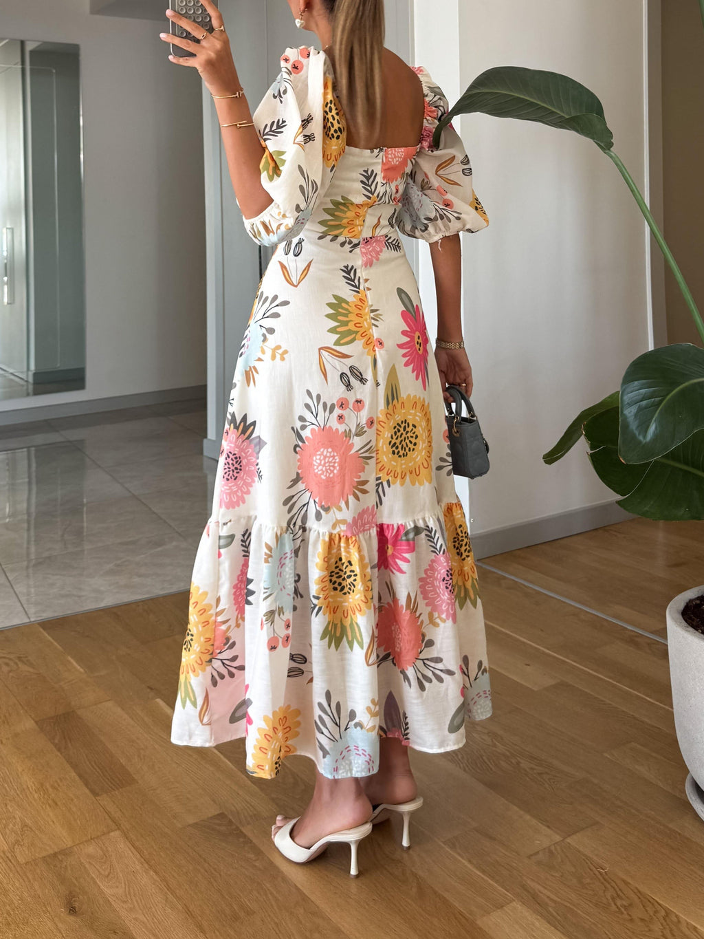 Camille | Robe maxi à fleurs pour femmes avec manches bouffantes