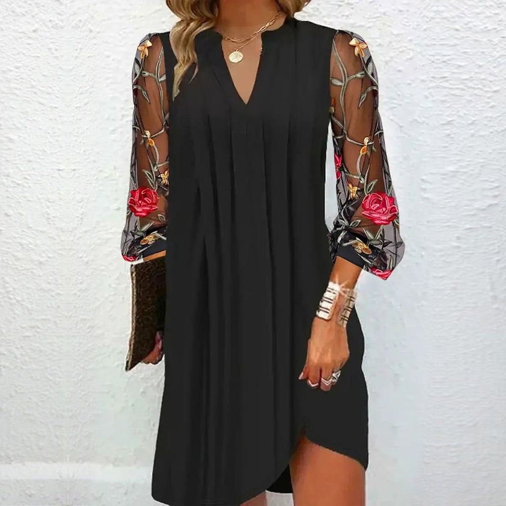 Robe Mini Femme | Manches en Tulle Brodées & Élégant Décolleté en V