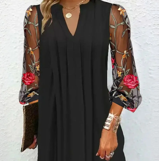 Robe Mini Femme | Manches en Tulle Brodées & Élégant Décolleté en V