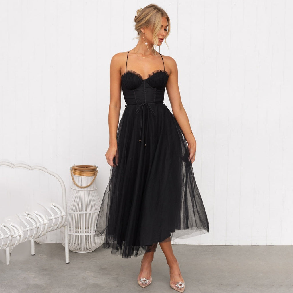 Robe midi sans manches pour femmes avec cordon de taille