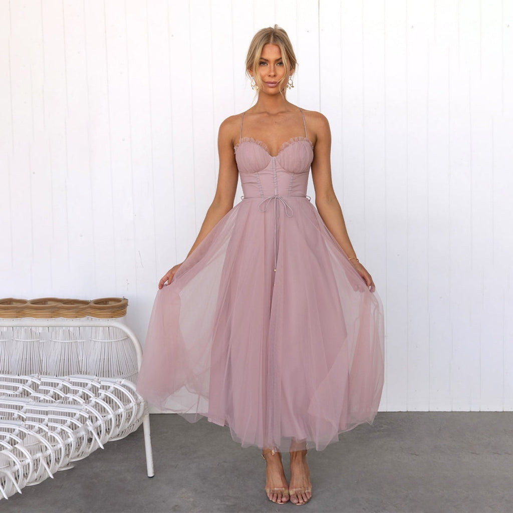 Robe midi sans manches pour femmes avec cordon de taille