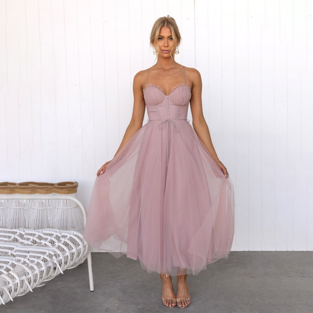 Robe midi sans manches pour femmes avec cordon de taille