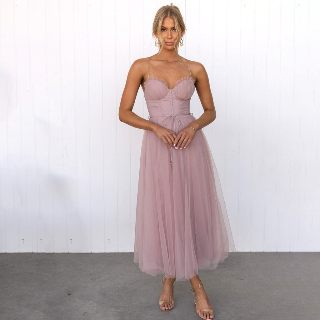 Robe midi sans manches pour femmes avec cordon de taille