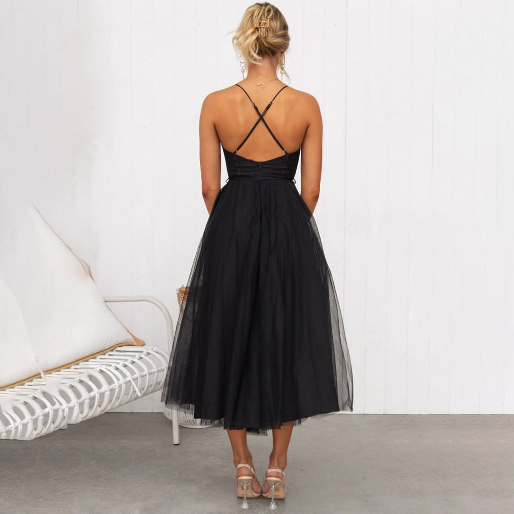 Robe midi sans manches pour femmes avec cordon de taille