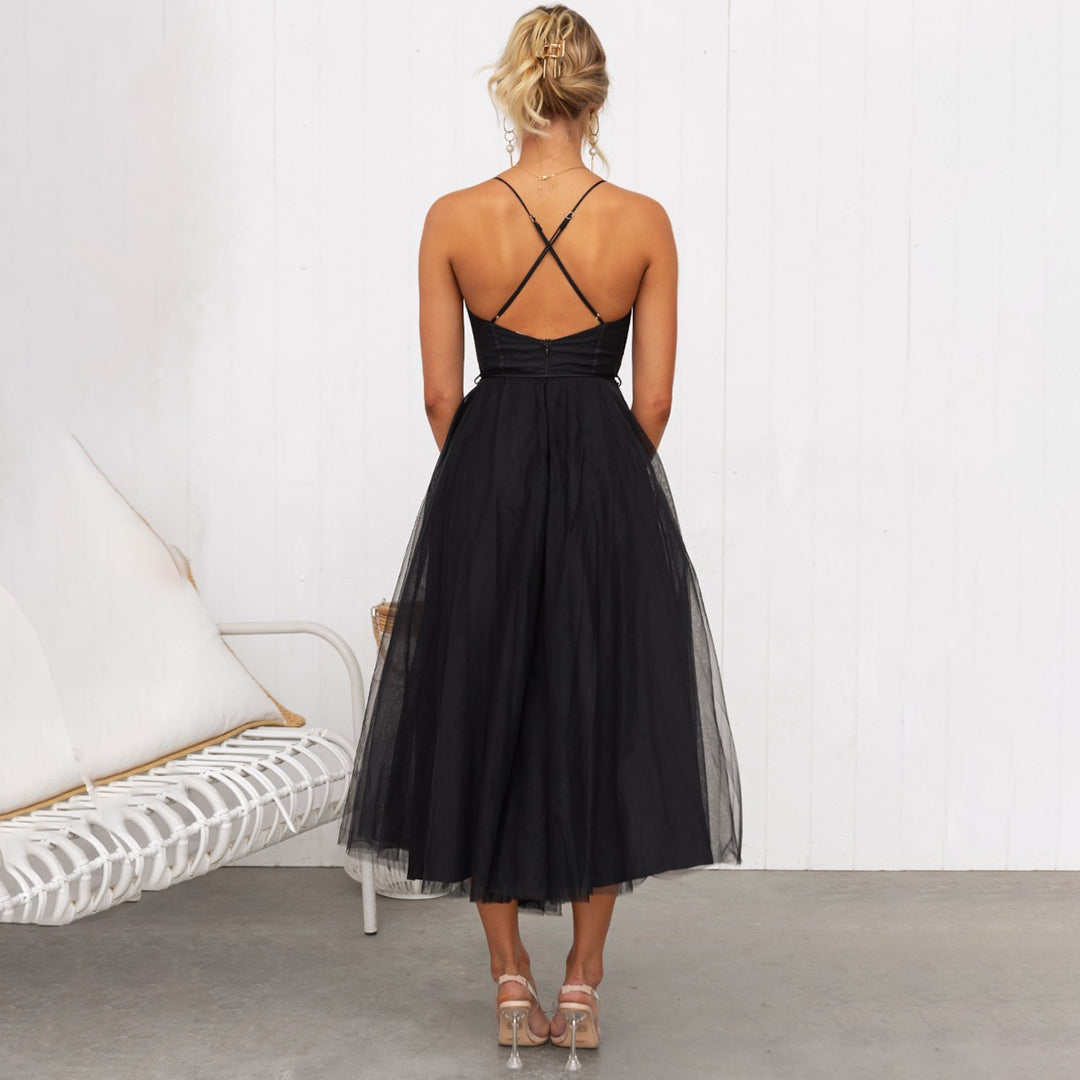 Robe midi sans manches pour femmes avec cordon de taille
