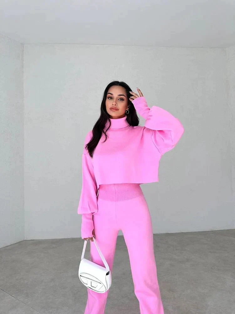 Ensemble Femme Deux Pièces Pull Col Montant Oversize Pantalon Droit