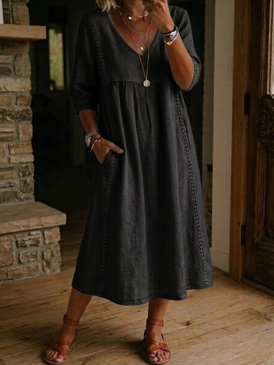 Robe femme coton-lin avec dentelle et col V