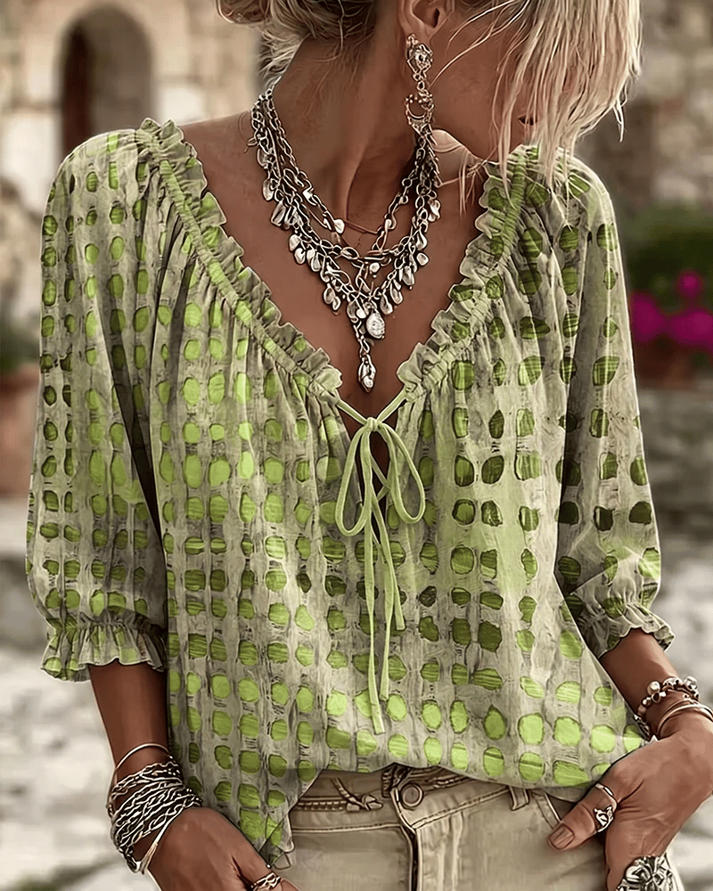 Blouse femme bohème à pois avec col V noué