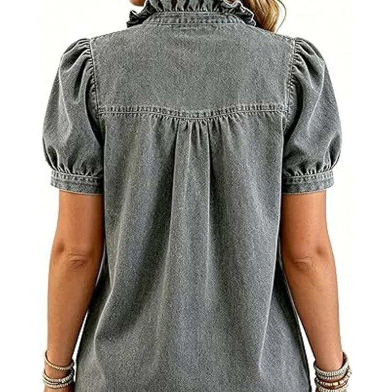 Haut femme en denim avec col volanté et manches bouffantes
