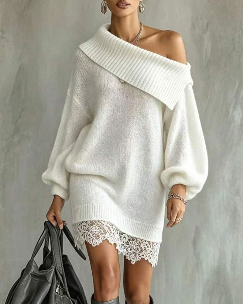 Robe Pull Encolure Oblique Manche Lanterne Patchwork Dentelle