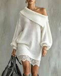 Robe Pull Encolure Oblique Manche Lanterne Patchwork Dentelle