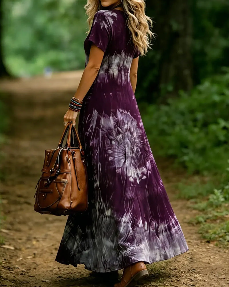 Robe Col-V Contraste Dégradé Évasée