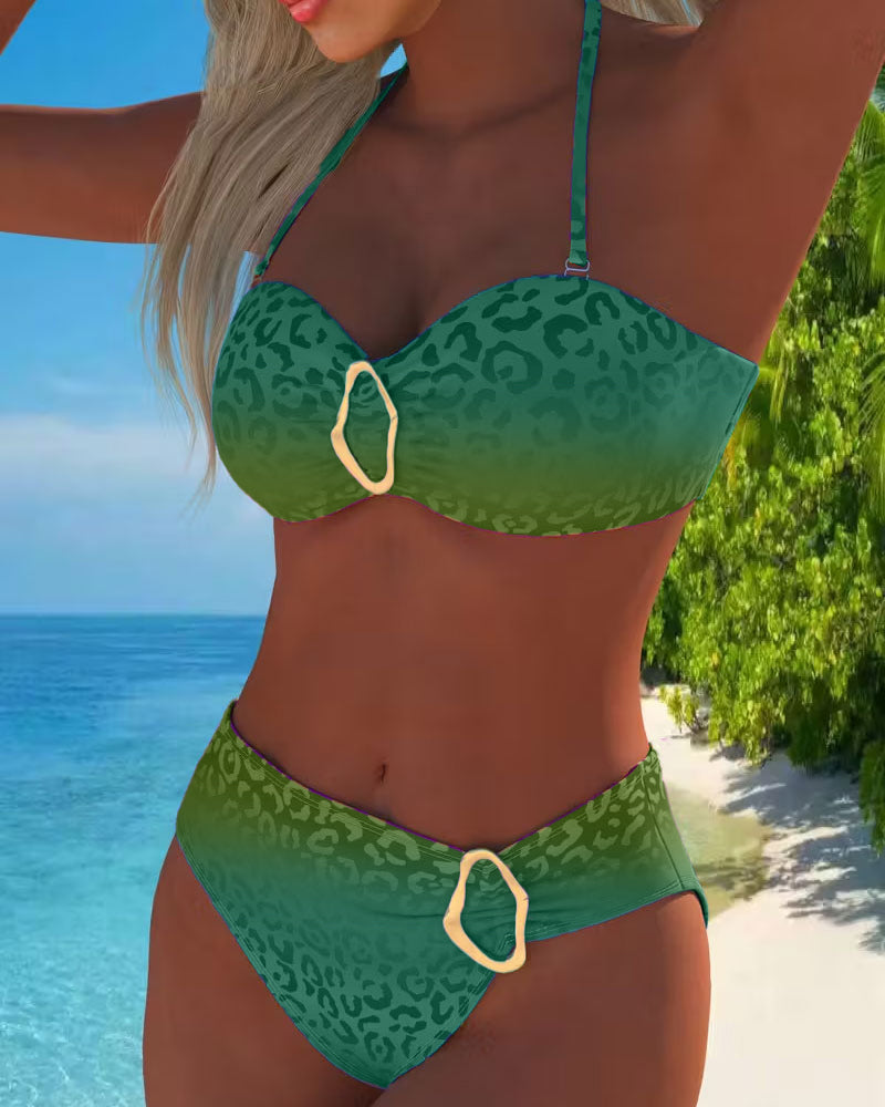 Maillot de bain dégradé imprimé léopard à col halter