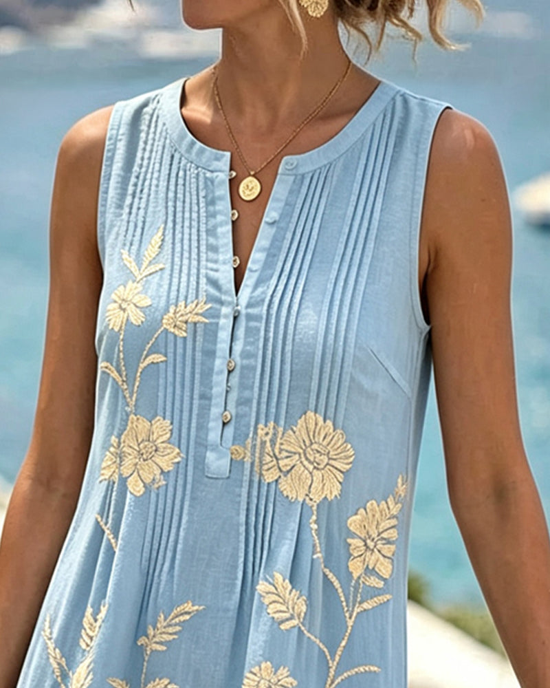 Robe Col Rond Sans Manches Bouton Plissé Imprimé