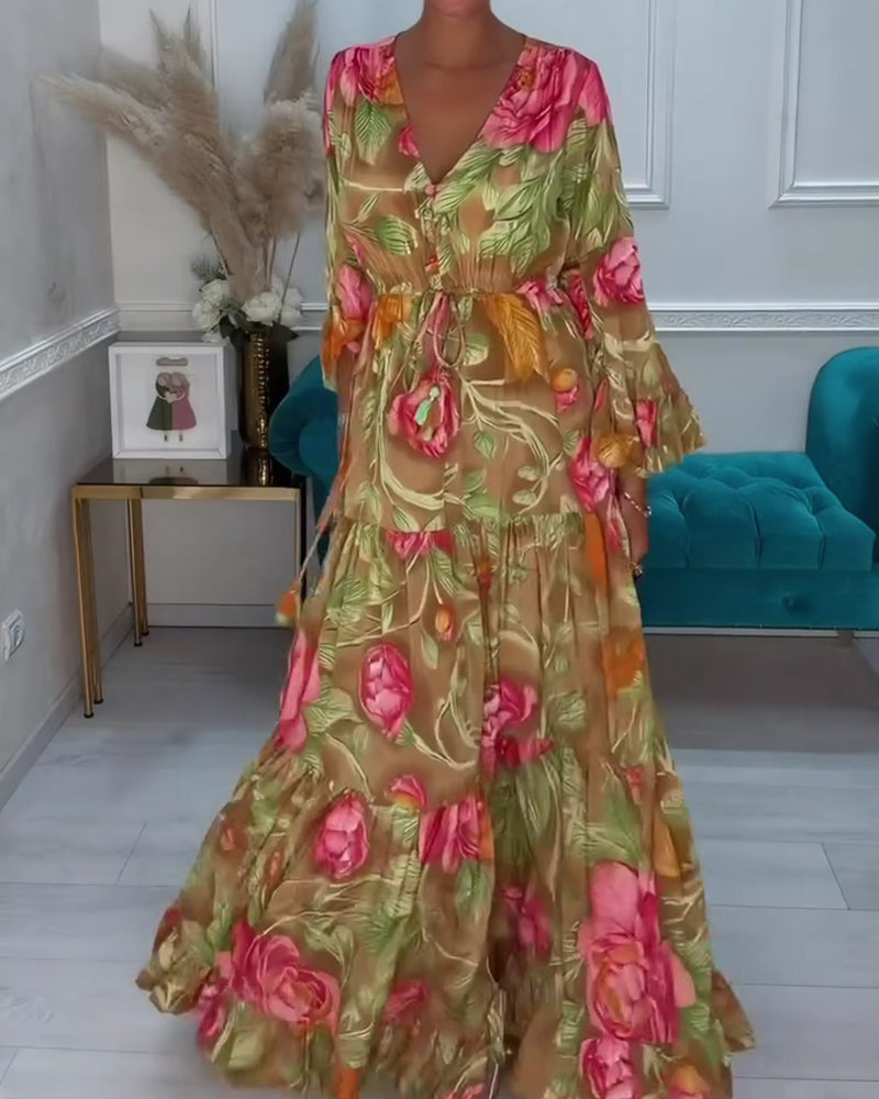 Mosalia | Robe maxi florale avec décolleté en V et jupe évasée