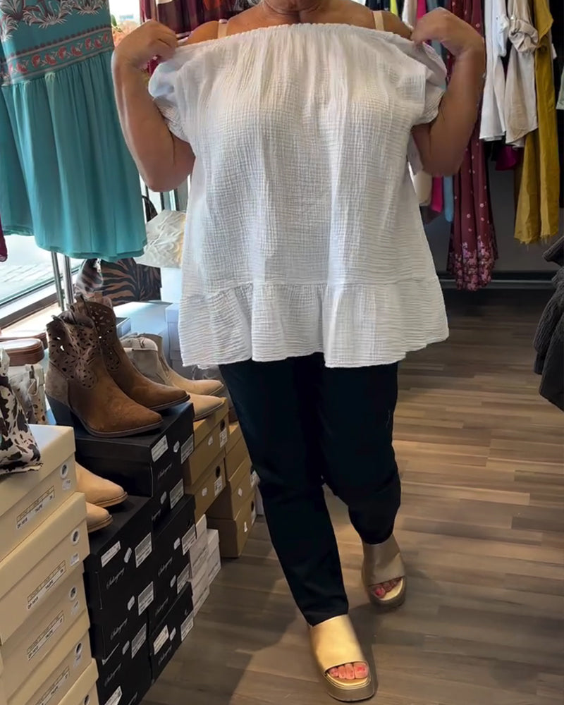 Blouse Col Rond Froncée Décontractée Unie
