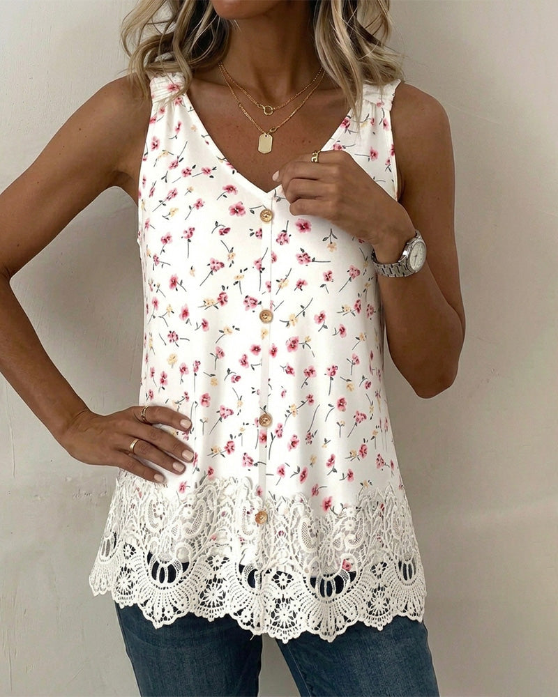 Débardeur Col V Bretelle Spaghetti Florale Dentelle Patchwork