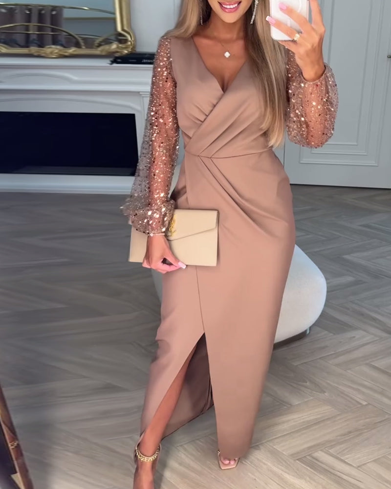 Robe Élégante à Fentes avec Manches Pailletées