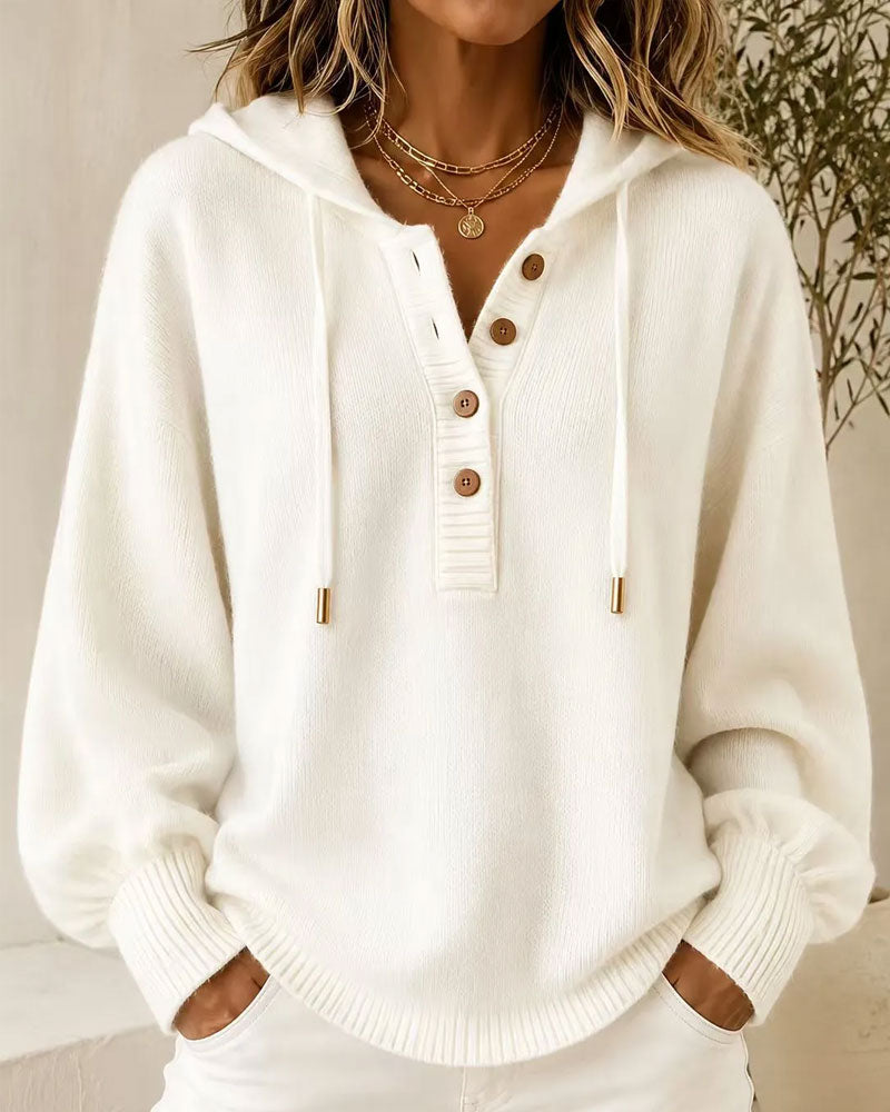 Pullover Capuche Bouton Manche Lanterne Cordon Pull