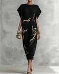 Robe Chauve-Souris Manches Courtes Col Rond Imprimé Longue