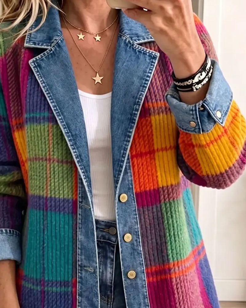 Manteau en Patchwork Denim à Col Revers Boutonné et Rayures de Couleur