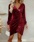 Robe en Velours à Paillettes avec Décolleté en V Sexy