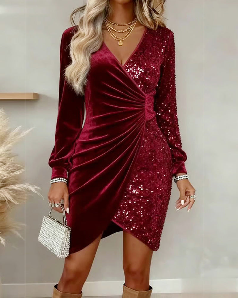 Robe en Velours à Paillettes avec Décolleté en V Sexy