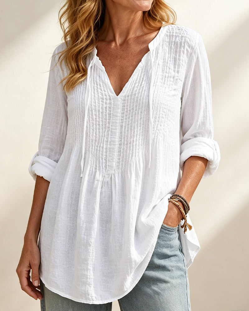 Blouse Col En V Cordon De Serrage Unie