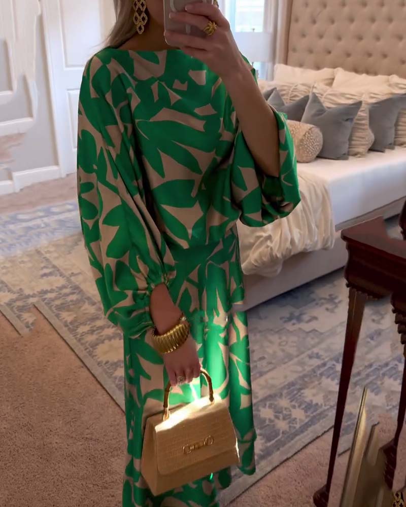 Ensemble de Robe Décontractée à Manches Lanternes Imprimées