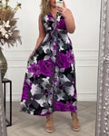 Viola | Robe Maxi Florale Femme Sans Manches avec Nœud à l'Avant et Décolleté en V