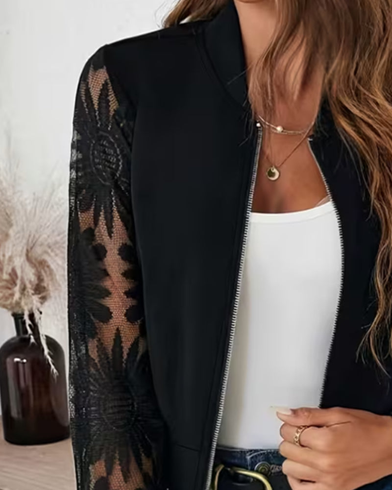 Manteau Fermeture Éclair Dentelle Panneau Unie