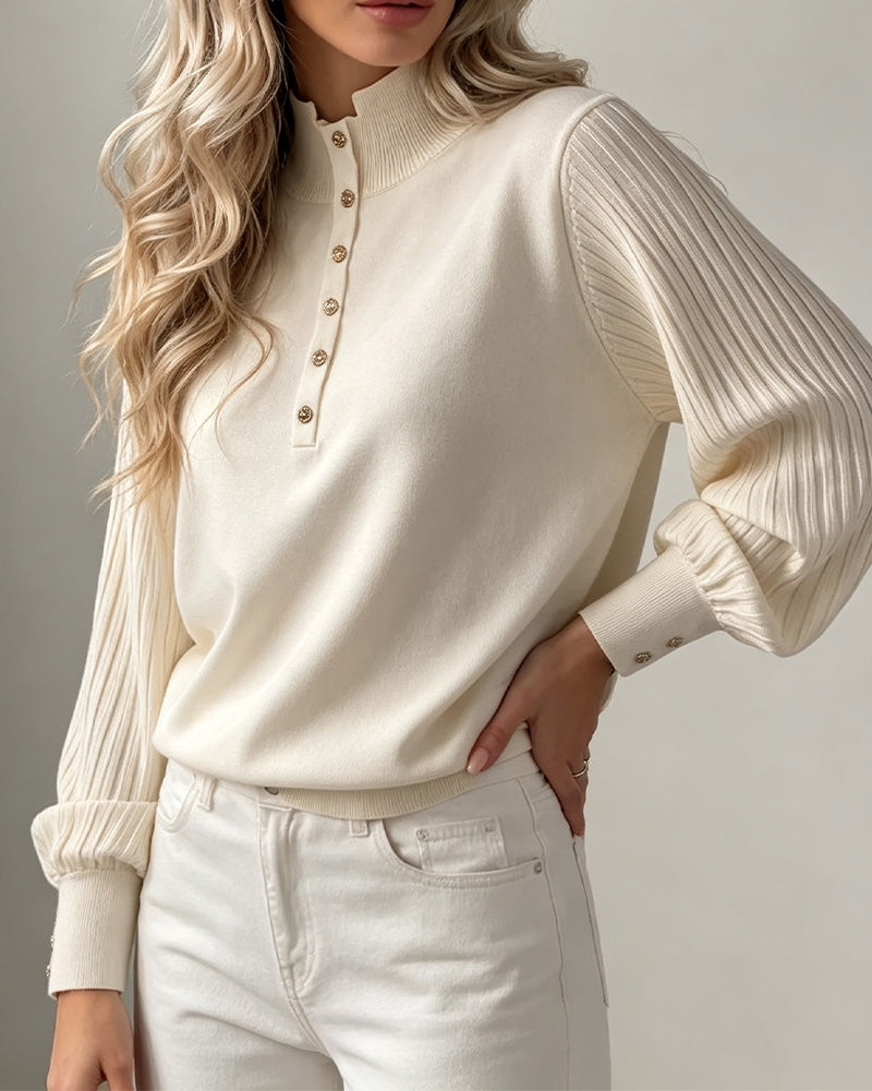 Pull Col Roulé Bouton Côtelé Manches Bouffantes