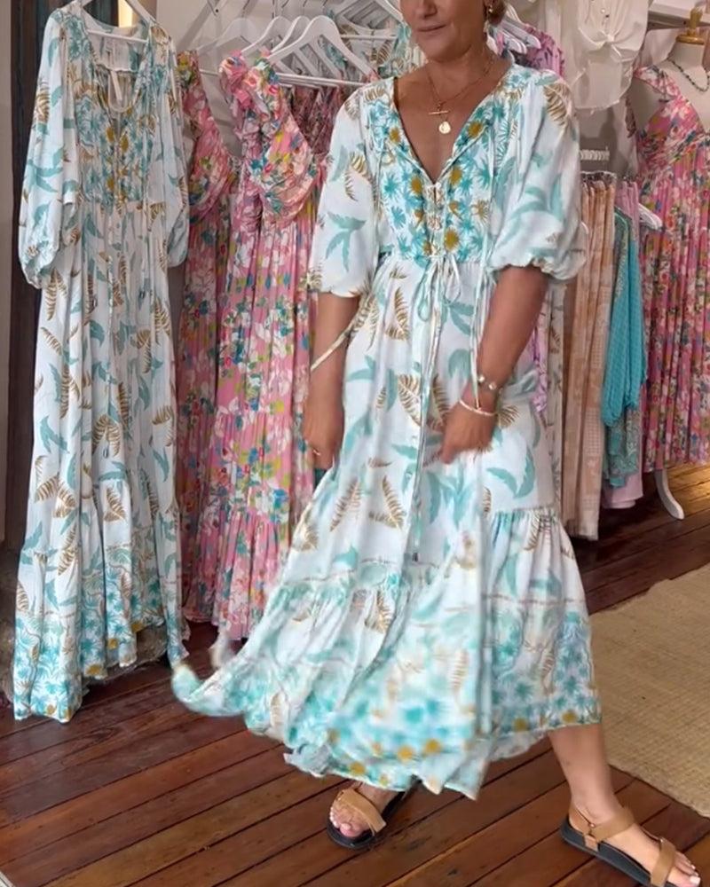 Robe maxi à imprimé feuilles avec décolleté en V pour femmes