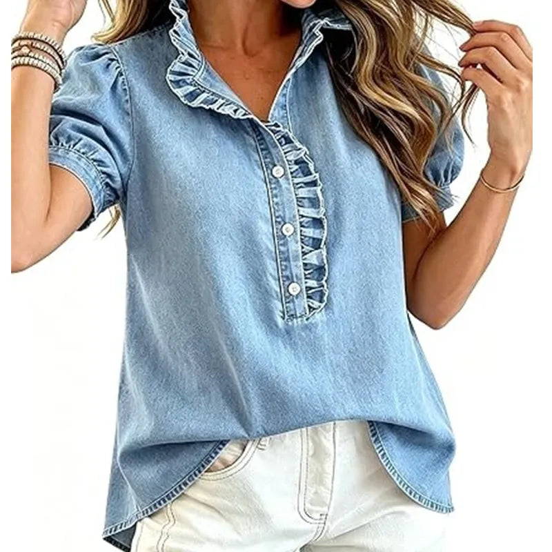 Haut femme en denim avec col volanté et manches bouffantes