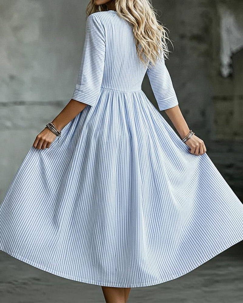 Robe Rayée Col-Rond Taille-Haute Manche-Trois-Quarts
