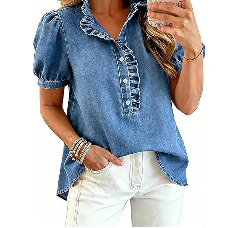 Haut femme en denim avec col volanté et manches bouffantes
