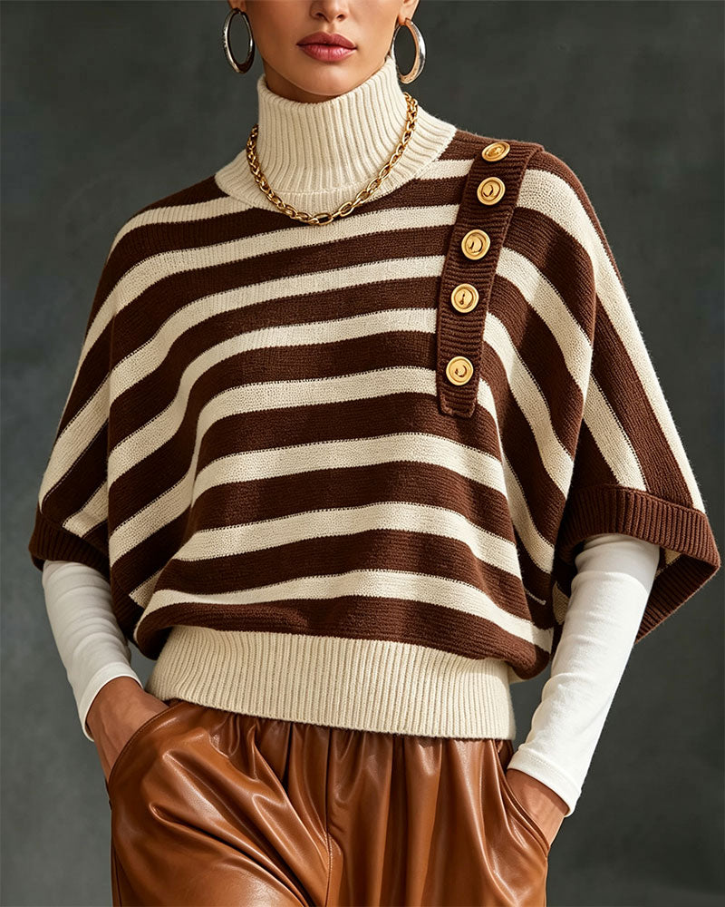 Pullover Col Roulé Bouton Rayé Manches Mi-Longues Pull