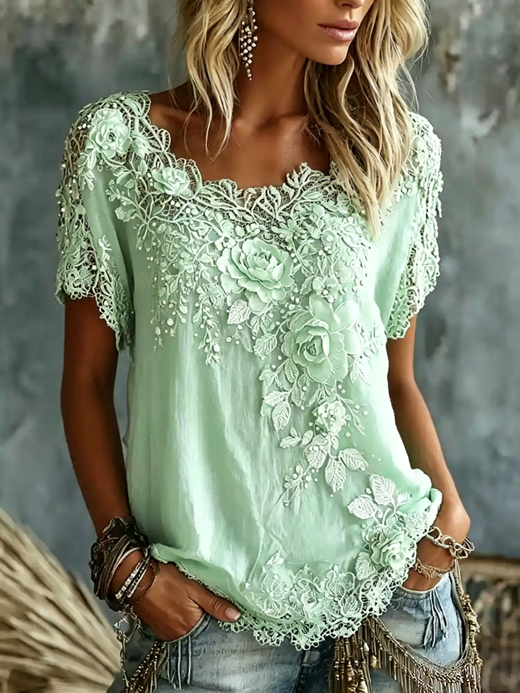 Daevea | Blouse vintage avec broderie florale en dentelle