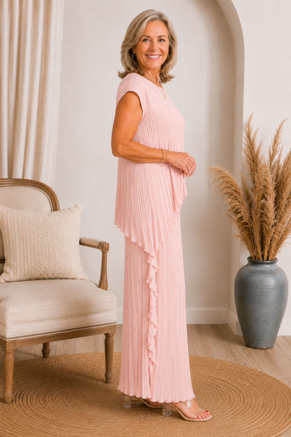 Ensemble femme plissé avec pantalon large et haut asymétrique