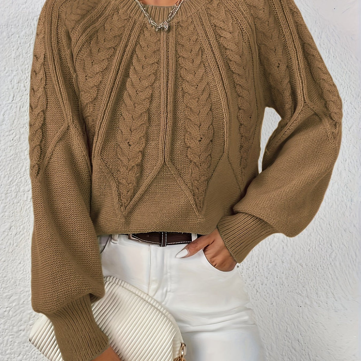 Pull en Tricot à Câbles pour Femme avec Col Rond et Manches Raglan
