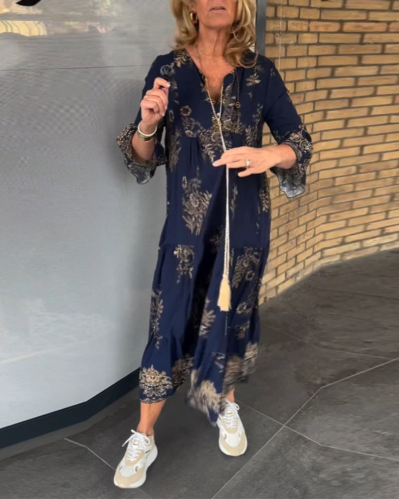 Rose™ – Robe Midi à Col V Vintage Lockerer